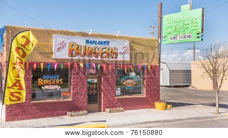 Route 66: Badland's Burgers Restaurant; Historic Uranium Cafe Neon Sign