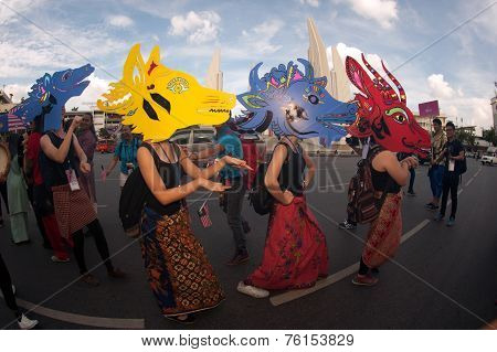 Actors Holding Puppets In Harmony World Puppet Carnival In Bangkok,Thailand 2014 Parade.
