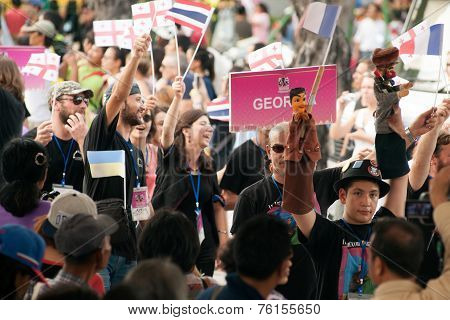 Actors Holding Puppets In Harmony World Puppet Carnival In Bangkok,thailand 2014 Parade.