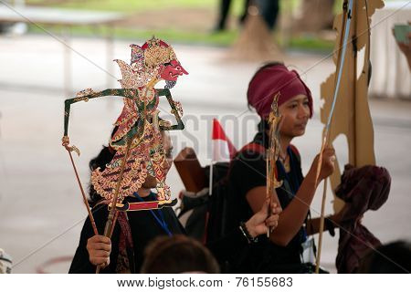 Actors Holding Puppets In Harmony World Puppet Carnival In Bangkok,thailand 2014 Parade.
