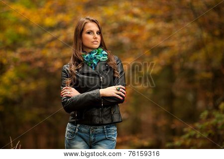 Blog Style Pretty Young Woman On A Walk In Forest On Late Autumn Day In Fashoinable Dress