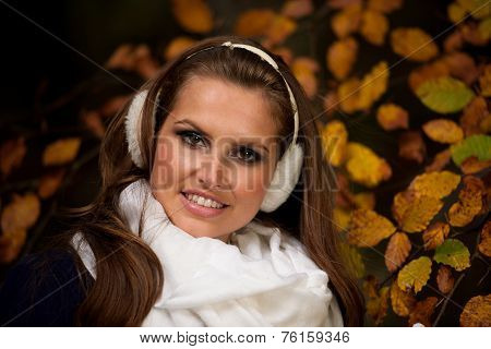 Blog Style Pretty Young Woman On A Walk In Forest On Late Autumn Day In Fashoinable Dress