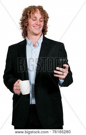 Man Texting With Coffee