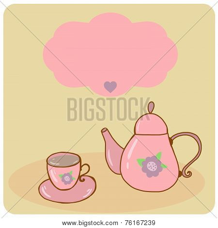 Card teapot and cup pastel hand drawn style