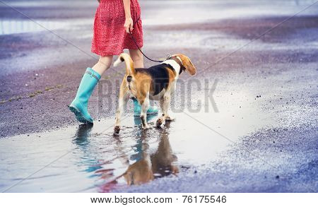 Young woman in wellies walk her dog