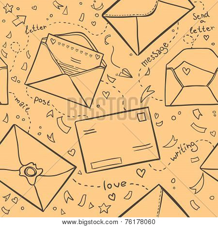 Hand Drawn Sketch Illustration - Letter And Envelope. Love Lette