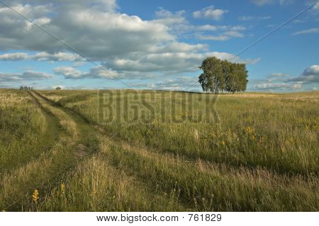 Sommerlandschaft mit Feld Road, Bäume, Himmel, Wolken