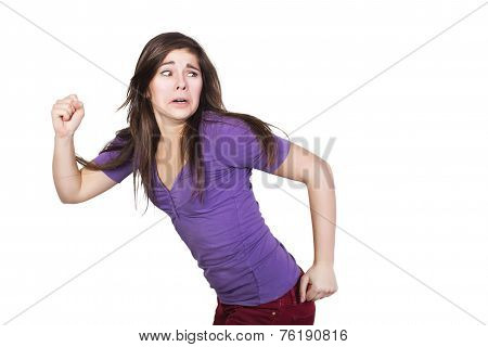 Brunette woman run scared isolated on white
