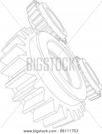 Wire-frame gears. Perspective view. Vector illustration