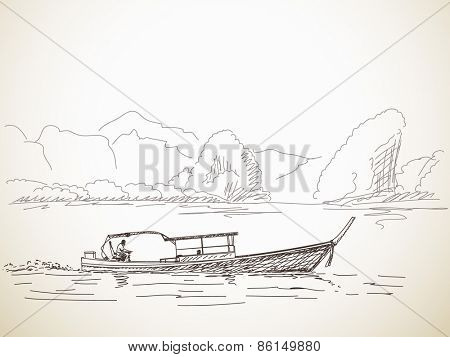 Sketch of Long tail boat, Hand drawn illustration