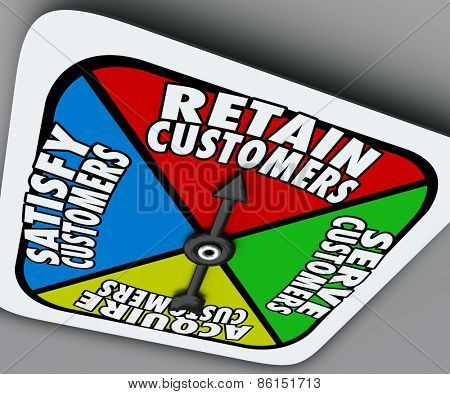 Retain, Serve, Satisfy and Acquire Customers words on a board game spinner to illustrate the steps of customer support and service for a successful business or company