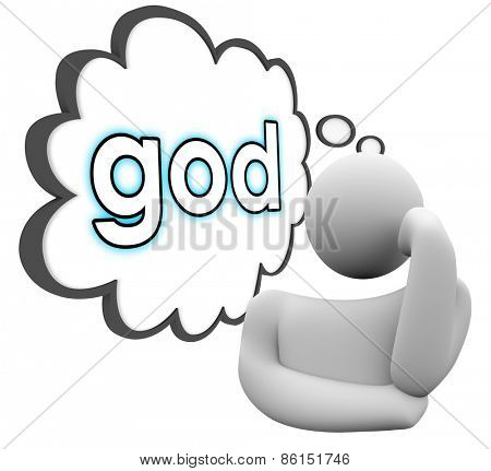 God word in thought cloud over a person thinking about faith, religion, prayer and belief