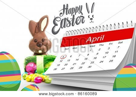 Happy easter against easter eggs spilling from a basket with chocolate bunny