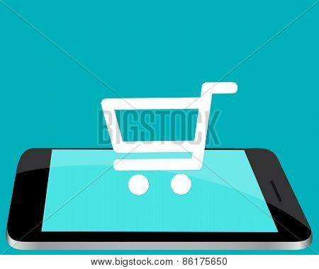 Shopping online through the mobile phone. Phone with shopping carts. Vector illustration