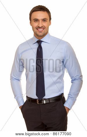 Portrait of young happy smiling business man, isolated over white background