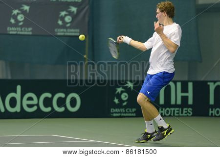 DNEPROPETROVSK, UKRAINE - APRIL 5, 2013: Isak Arvidsson, Sweden in the Davis Cup match Ukraine vs Sweden. Ukraine won the match 3-2