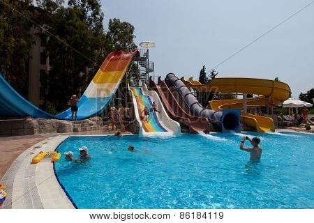 Aquapark sliders, aqua park, water park, pool.
