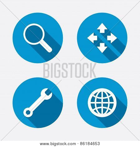 Magnifier glass and globe signs. Fullscreen.
