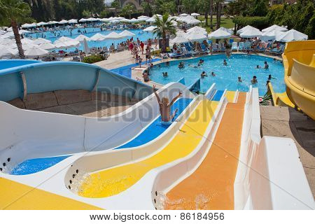 Aquapark sliders, aqua park, water park, pool.
