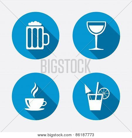 Drinks signs. Coffee cup, glass of beer icons.