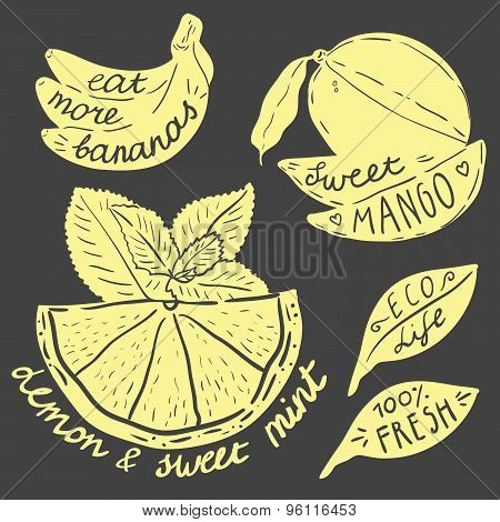 Lettering on fruits. Black and white illustrations. Stencil look vector set.