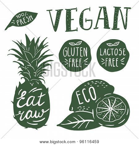 Lettering on fruits and vegetables. Dark color and white illustrations. 2 layers vector set.