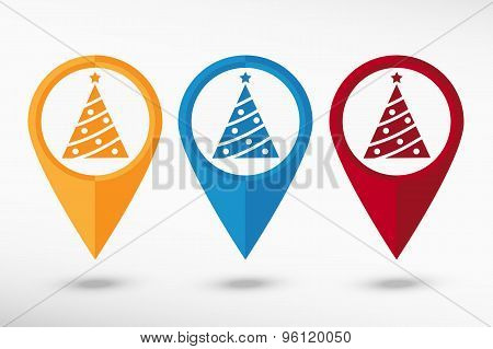 Christmas tree map pointer, vector illustration. Flat design style