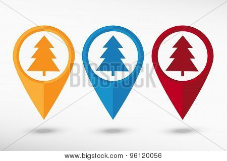 Spruce pine tree map pointer, vector illustration. Flat design style