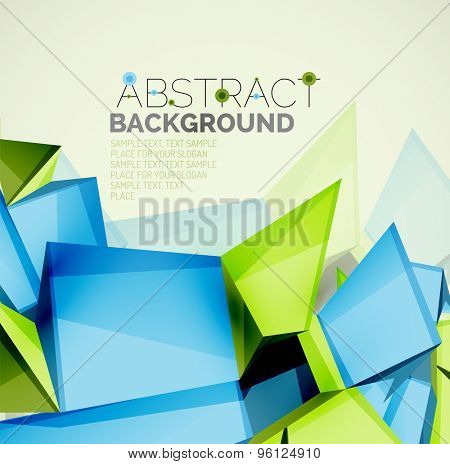 3d geometric shapes with sample text. Abstract template with place for text or infographic options. Triangles, squares, cubes, rectangles in glossy style. Vector illustration.