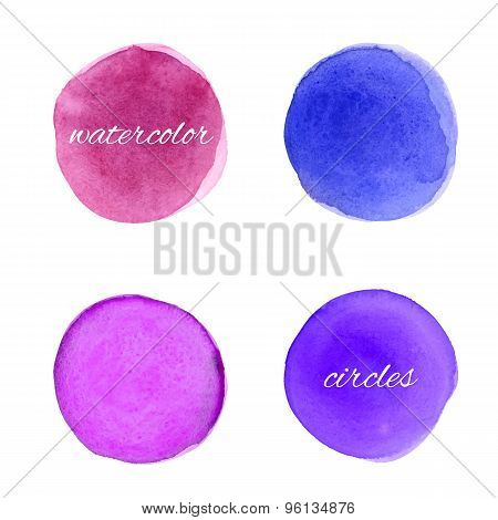 Bright purple watercolor circles, design elements.