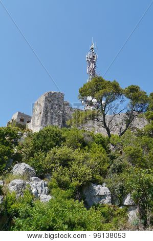 Ruin of St Michael castle and a transmission station