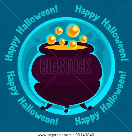 Happy halloween greeting card with moon and pot of potion