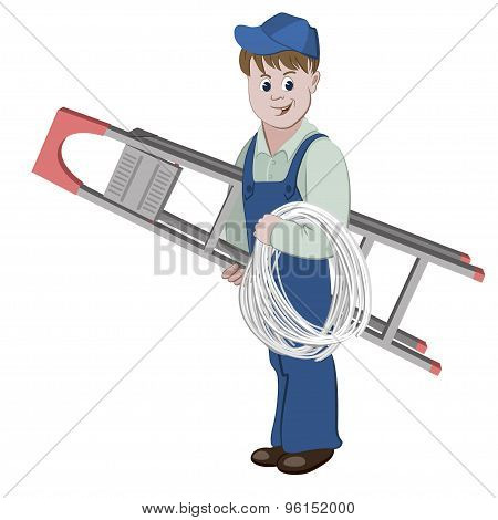 Illustration Of Electrician Or Cable Guy Standing With A Ladder And A Cable