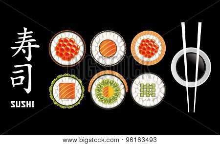 Sushi roll collection with chopsticks