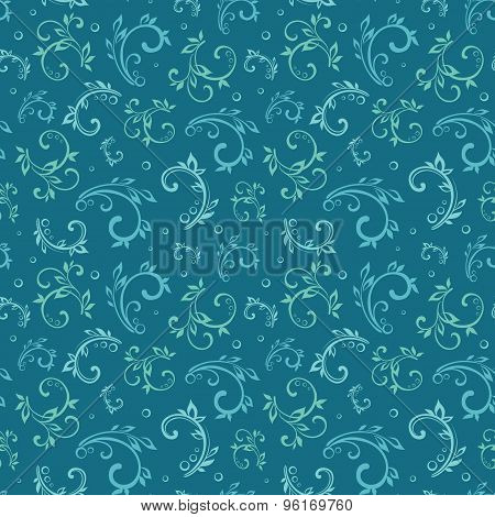 Vector Vintage Blue Green Swirls Leaves Seamless Pattern