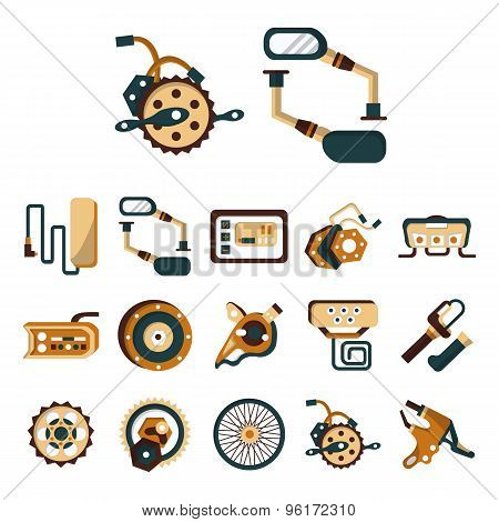 Electric bike details flat color vector icons