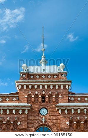 Spire Roof And Clock On Facade Of The Railway Station In Kazan.