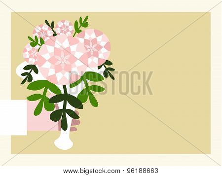 Hand in white sleeve with pink white floral bouquet