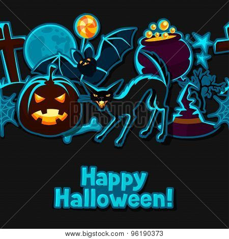 Happy halloween seamless pattern with stickers characters and objects