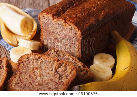 Homemade Banana Bread Close-up On The Table. Horizontal
