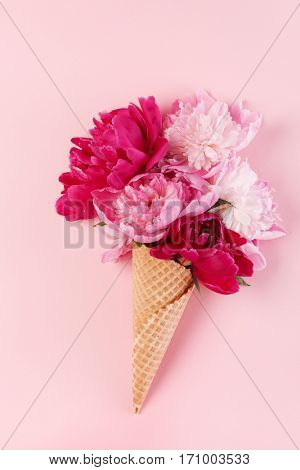 peony flowers in the waffle cone