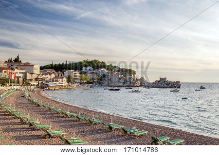 Przno, MONTENEGRO - SEPTEMBER 22, 2016:The beach in the bay Przno September evening, Montenegro.
