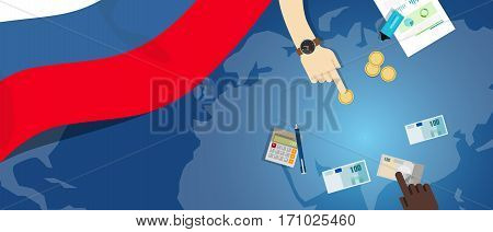 Russia economy fiscal money trade concept illustration of financial banking budget with flag map and currency vector