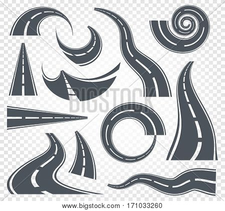 Isolated grey color winding curved road or highway with dividing markings on white background vector illustrations set