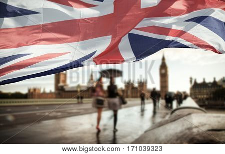 flags of UK and EU combined over icons of London - Brexit concept