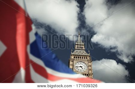 flags of UK and EU combined over icons of London - Brexit concept