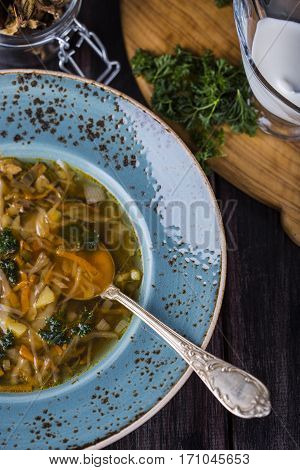 vegetarian soup with cabbage and dried mushrooms