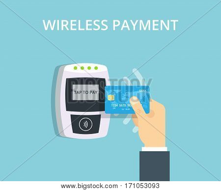 Wireless Payment vector illustration in flat style. Pos terminal confirms contactless payment from credit card.