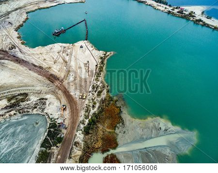Aerial view - blue water in pond, sandy career