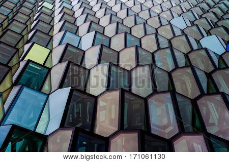 Reykjavik Iceland - 24 September 2016: Hapra Concert a landmark of the city with glass windows on the waterfront of central Reykjavik